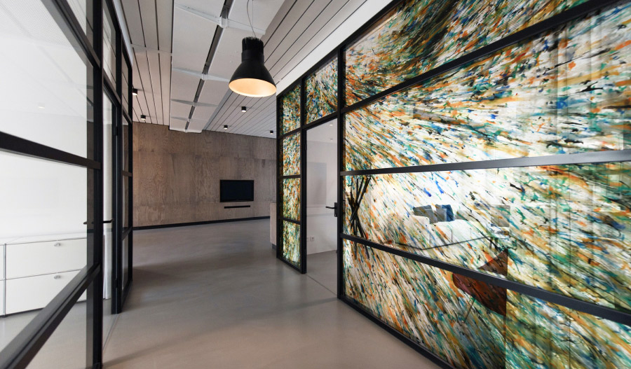 Rendering in which semi-transparent sheets are applied as internal dividers to a space